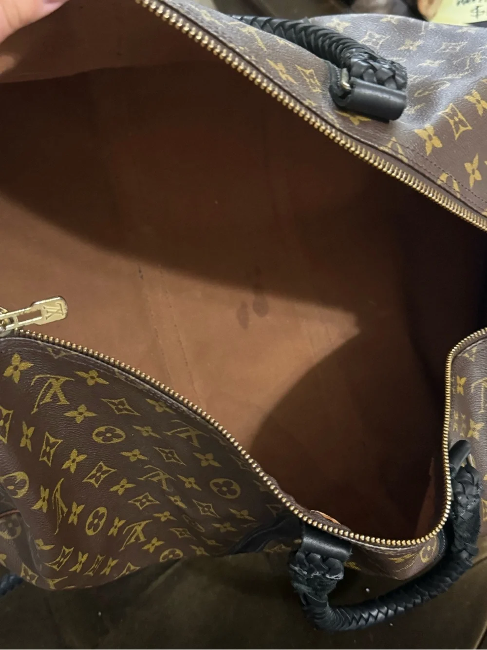 Louis Vuitton Brown Monogram Duffel Bag with Black Braided Handles